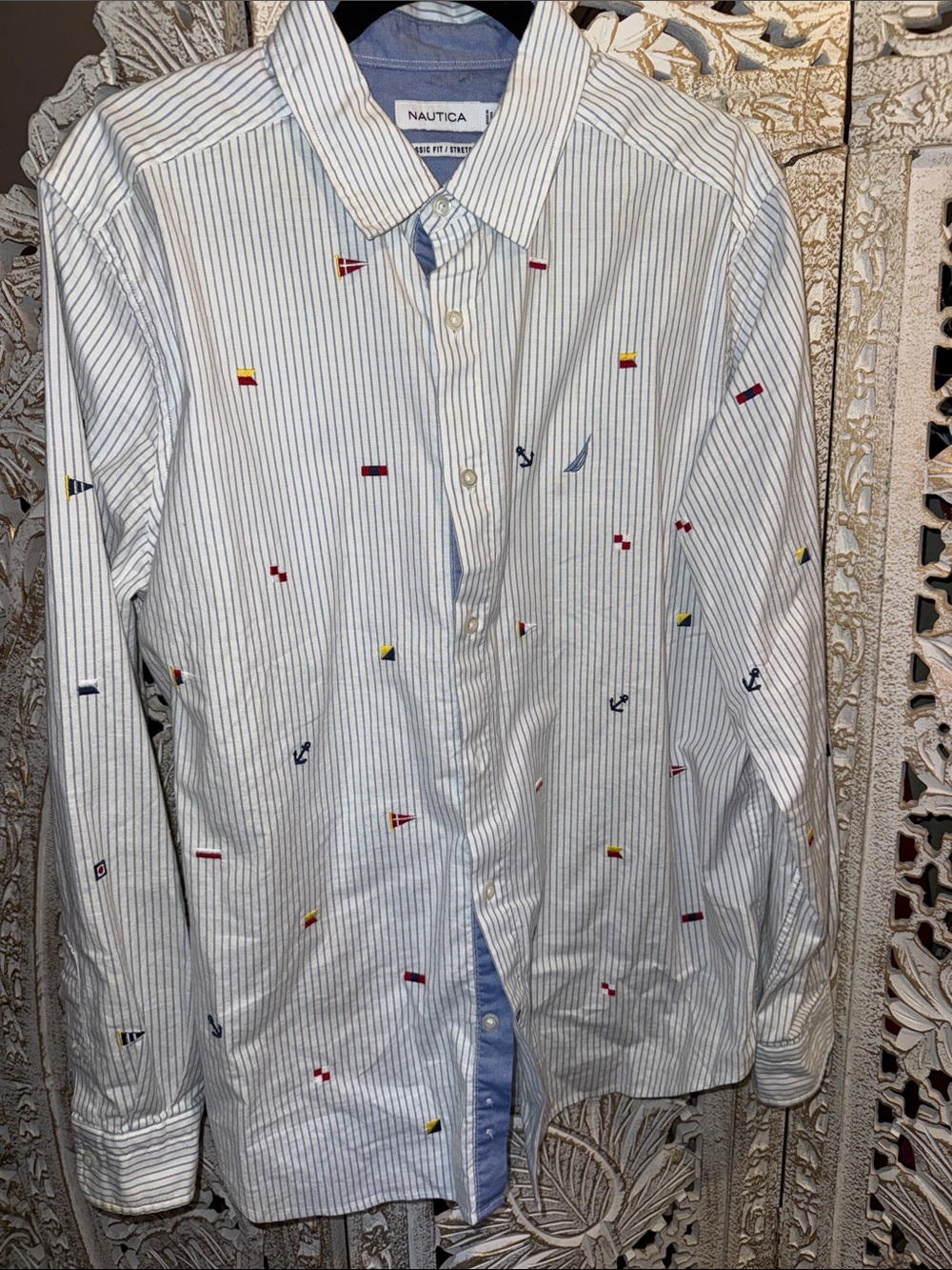 Nautica White and Blue Pinstripe Button-Down Shirt with Nautical Embroidery